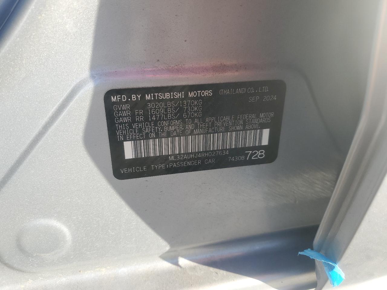 2024 Mitsubishi Mirage Es VIN: ML32AUHJ4RH027634 Lot: 92860095