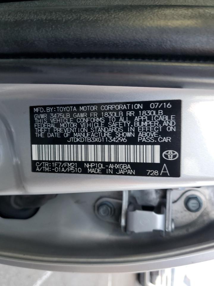 2016 Toyota Prius C VIN: JTDKDTB3XG1134296 Lot: 92728955