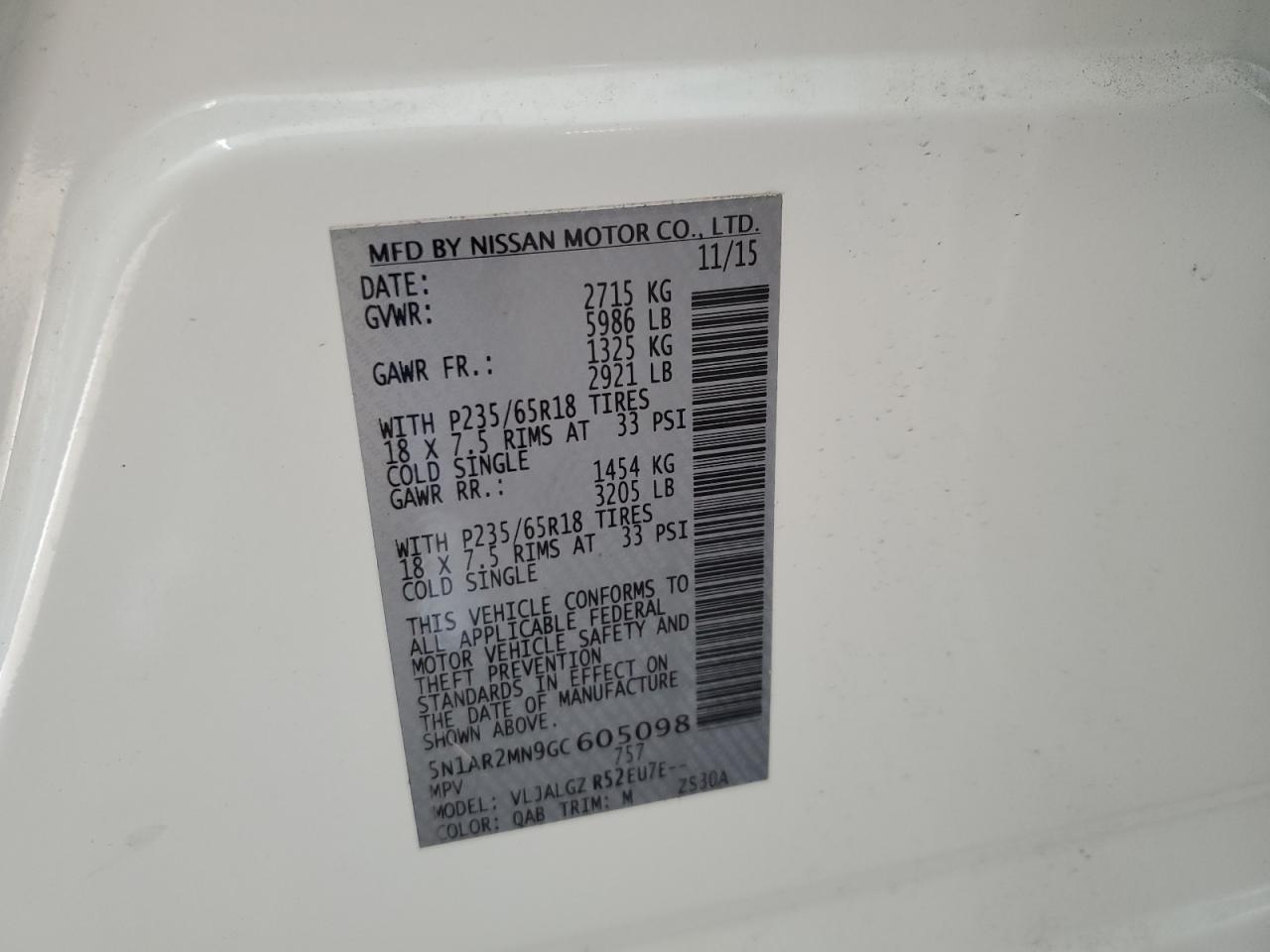 2016 Nissan Pathfinder S VIN: 5N1AR2MN9GC605098 Lot: 92939475