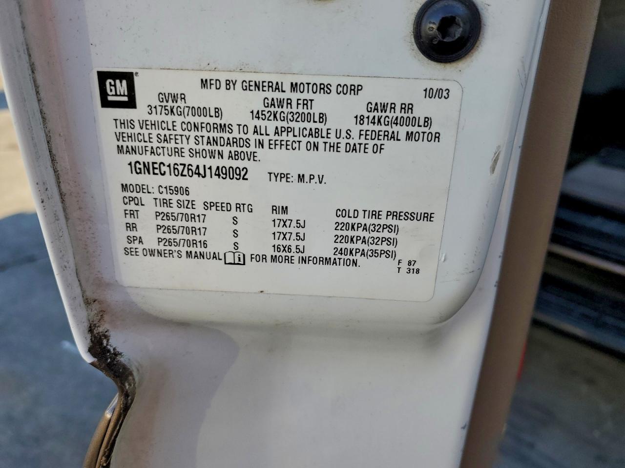 2004 Chevrolet Suburban C1500 VIN: 1GNEC16Z64J149092 Lot: 94563445