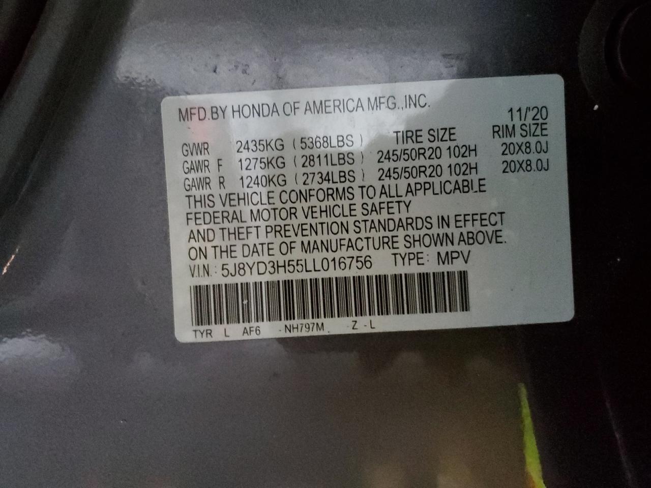 2020 Acura Mdx Technology VIN: 5J8YD3H55LL016756 Lot: 92576395