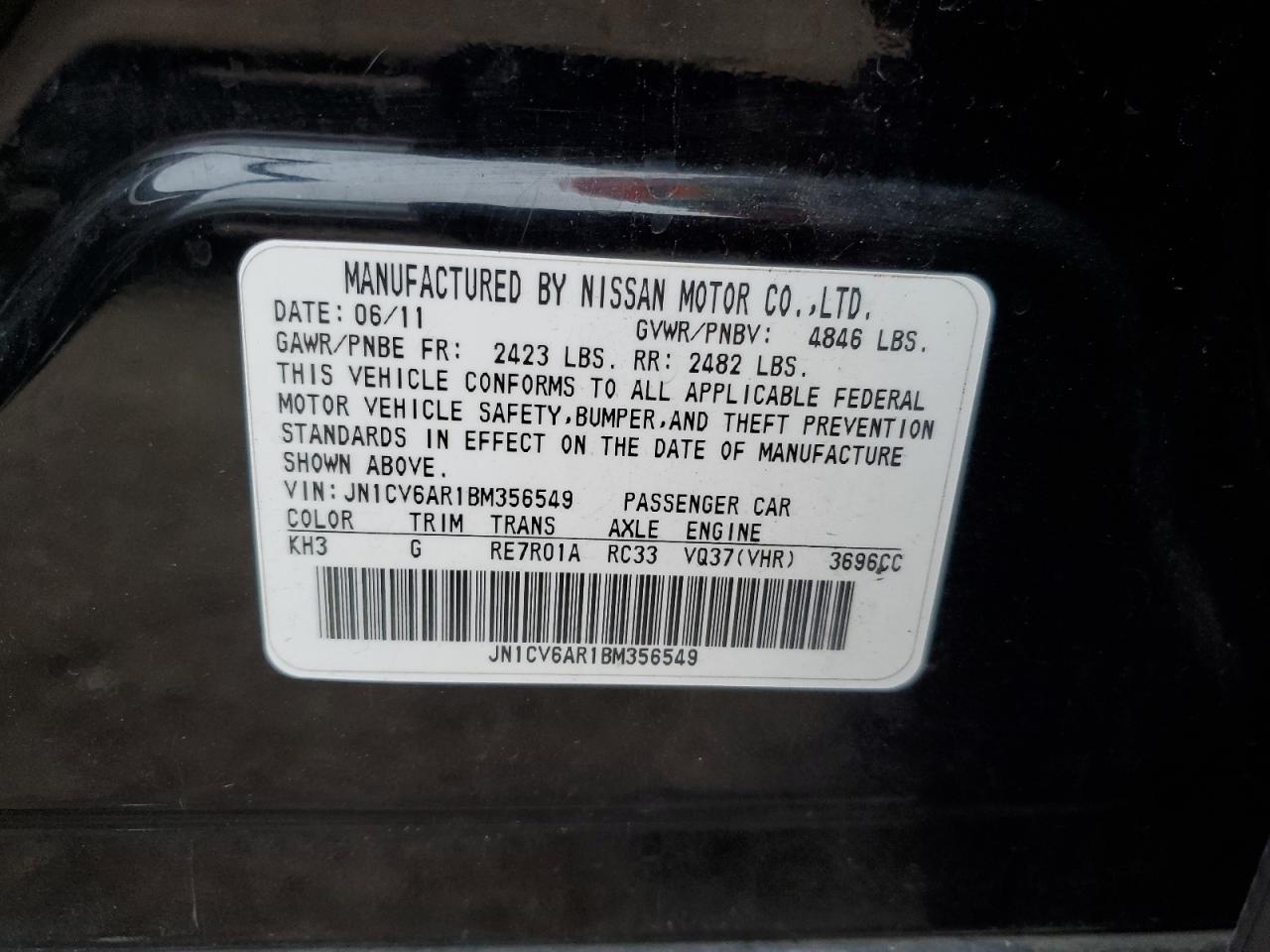 2011 Infiniti G37 VIN: JN1CV6AR1BM356549 Lot: 92655965