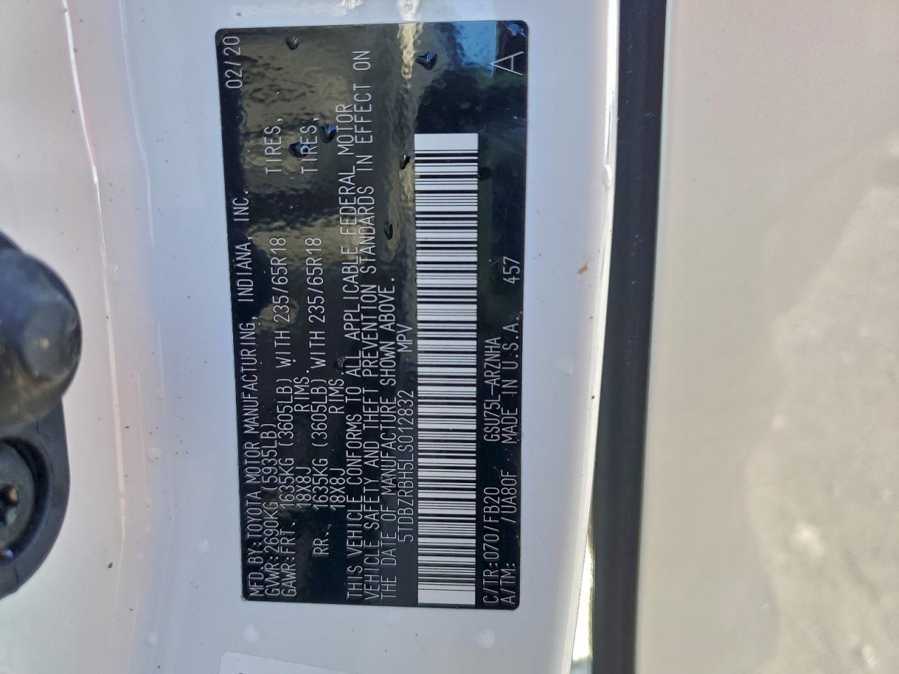 2020 Toyota Highlander L VIN: 5TDBZRBH5LS012832 Lot: 94317855