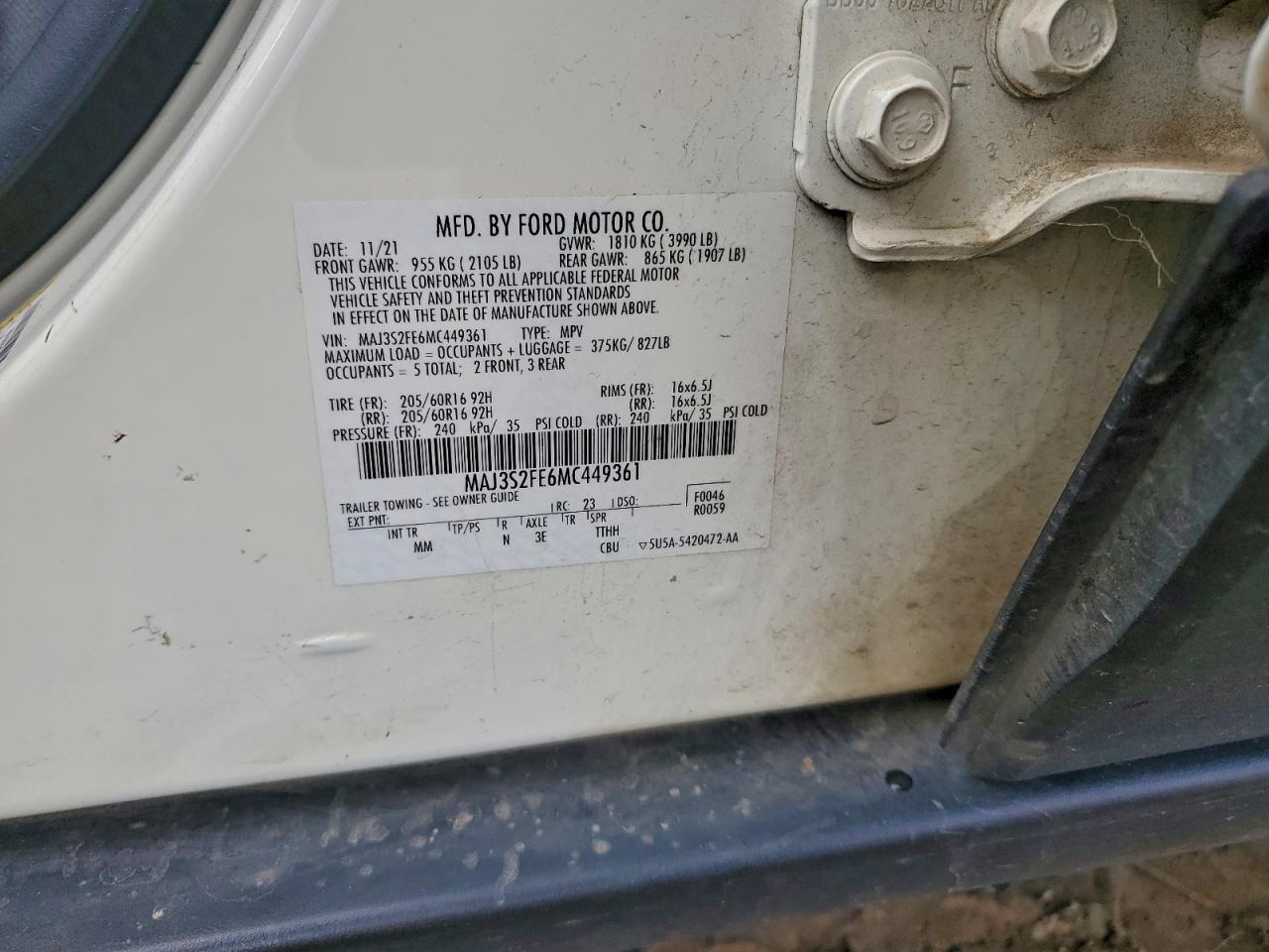 2021 Ford Ecosport S VIN: MAJ3S2FE6MC449361 Lot: 94164265