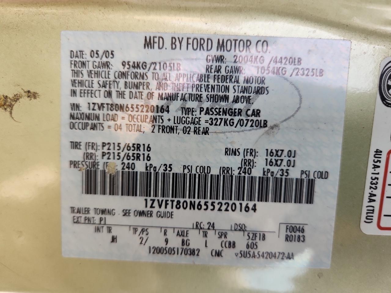 2005 Ford Mustang VIN: 1ZVFT80N655220164 Lot: 92504475