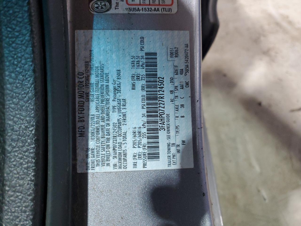 2007 Ford Fusion Se VIN: 3FAHP07Z27R124502 Lot: 93544575