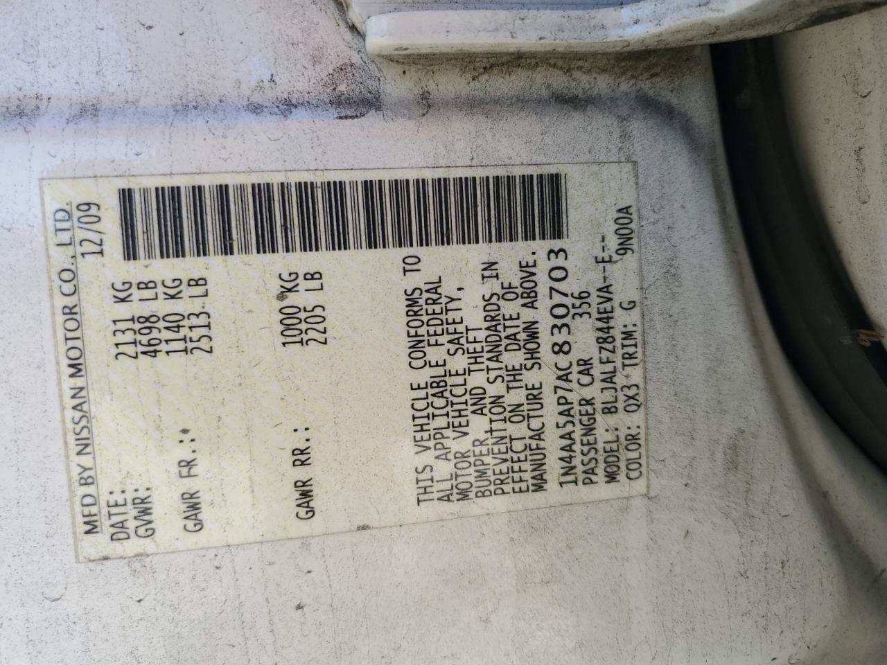 2010 Nissan Maxima S VIN: 1N4AA5AP7AC830703 Lot: 93208955