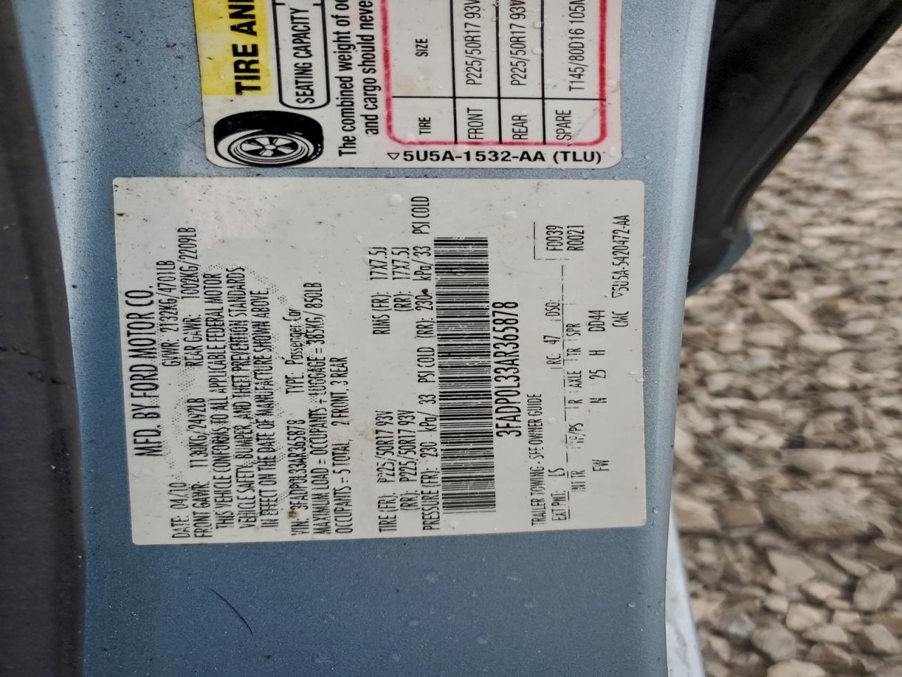 2010 Ford Fusion Hybrid VIN: 3FADP0L33AR365878 Lot: 94462365