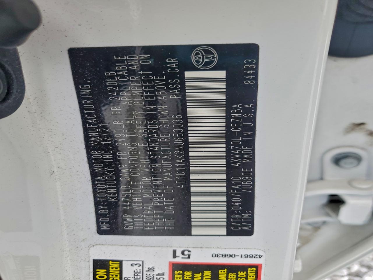 2022 Toyota Camry Le VIN: 4T1C11AK2NU653036 Lot: 94360465