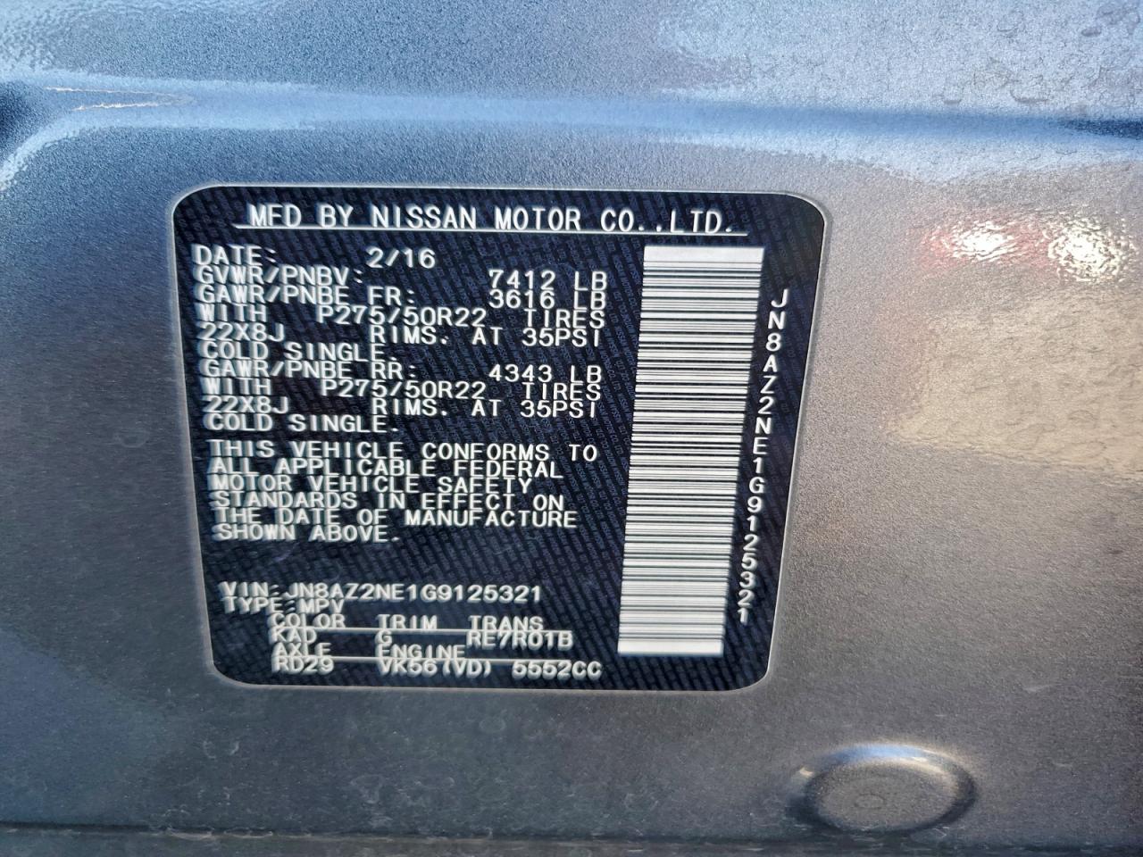 2016 Infiniti Qx80 VIN: JN8AZ2NE1G9125321 Lot: 94099235