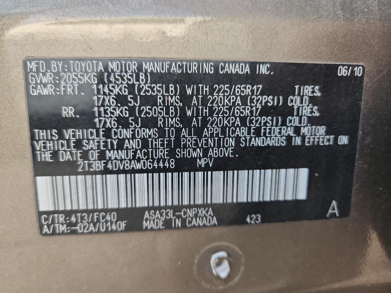 2010 Toyota Rav4 VIN: 2T3BF4DV8AW064448 Lot: 91731935