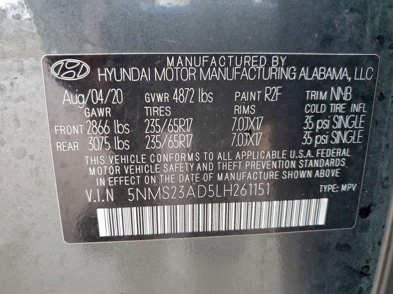 2020 Hyundai Santa Fe Se VIN: 5NMS23AD5LH261151 Lot: 93253035