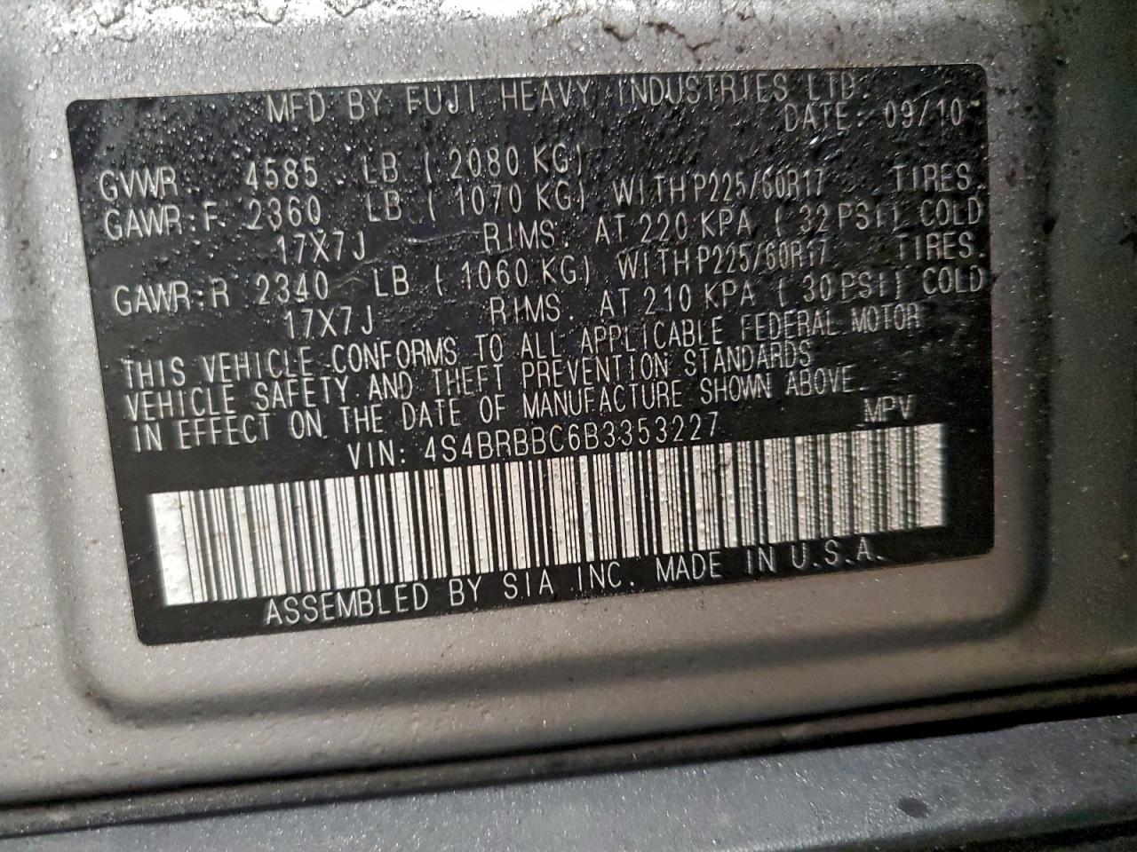 2011 Subaru Outback 2.5I Premium VIN: 4S4BRBBC6B3353227 Lot: 90629005