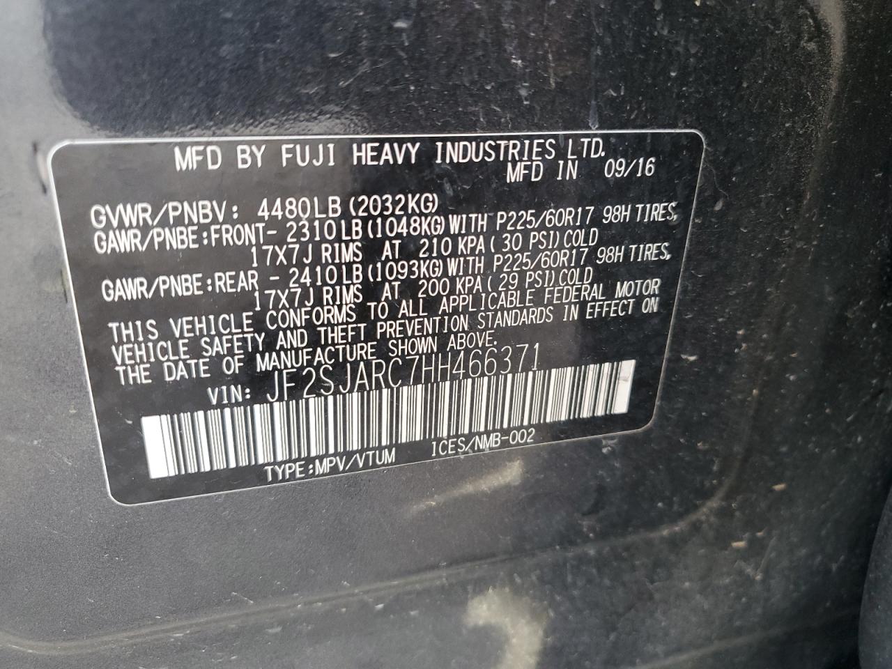 2017 Subaru Forester 2.5I Limited VIN: JF2SJARC7HH466371 Lot: 92470075