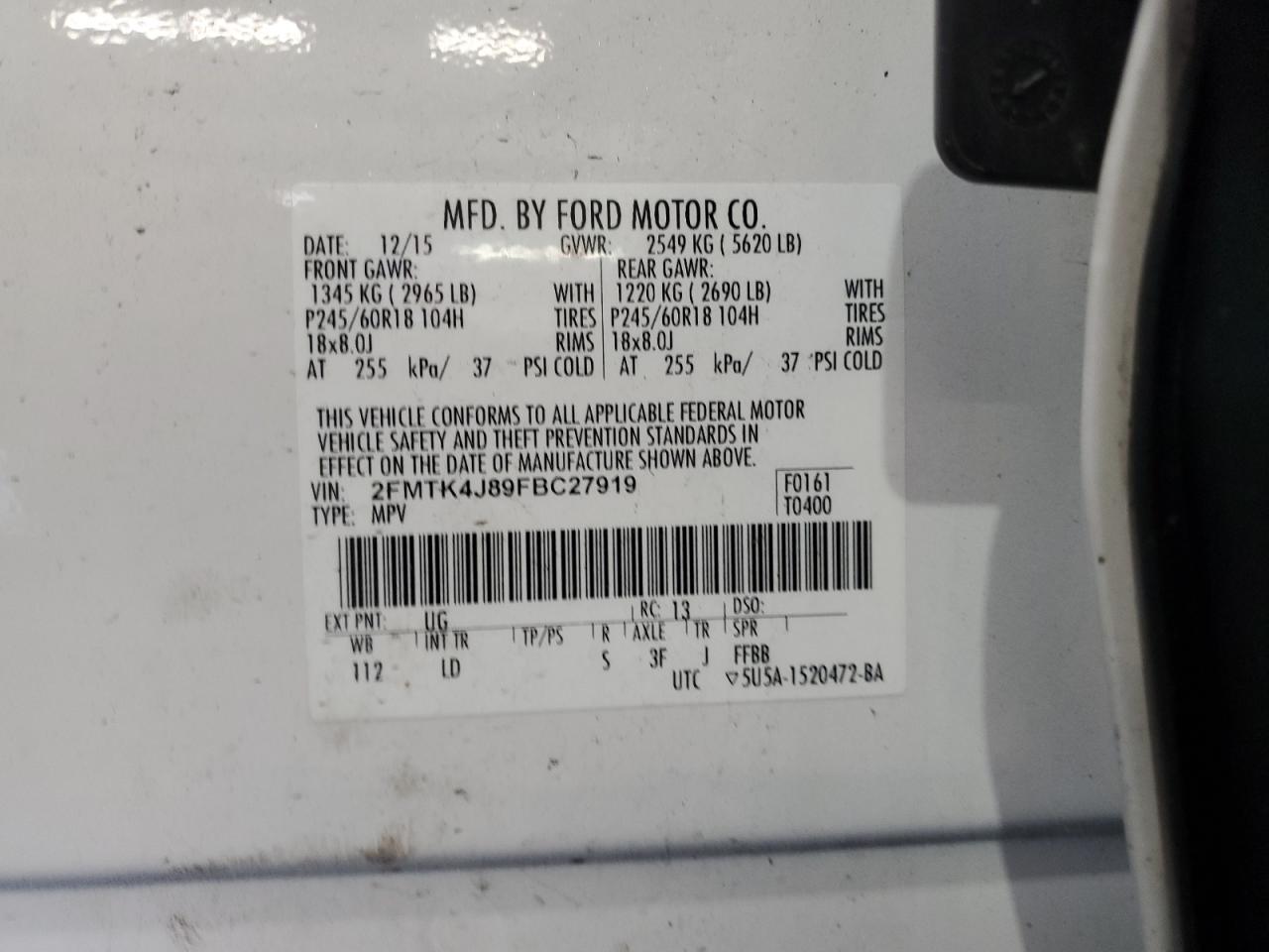 2015 Ford Edge Sel VIN: 2FMTK4J89FBC27919 Lot: 93435855