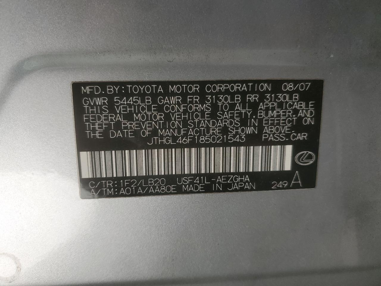 2008 Lexus Ls 460L VIN: JTHGL46F185021543 Lot: 92280395