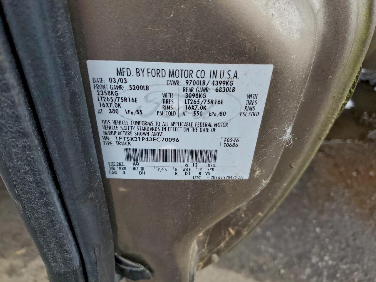 2003 Ford F350 Srw Super Duty VIN: 1FTSX31P43EC70096 Lot: 93557805