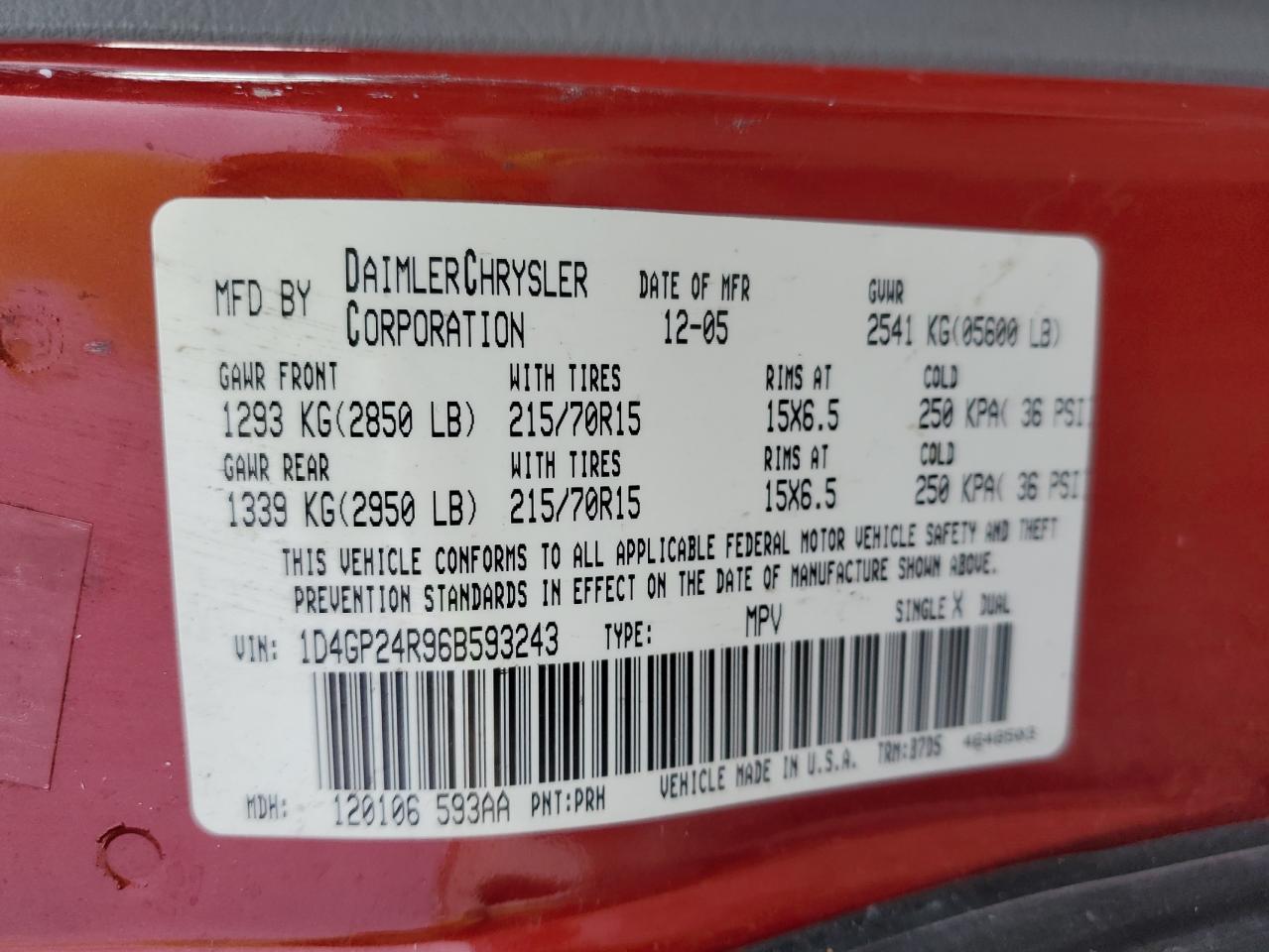 2006 Dodge Grand Caravan Se VIN: 1D4GP24R96B593243 Lot: 89867815