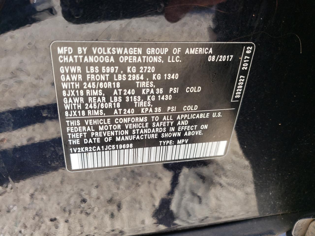 2018 Volkswagen Atlas Se VIN: 1V2KR2CA1JC519698 Lot: 93041815