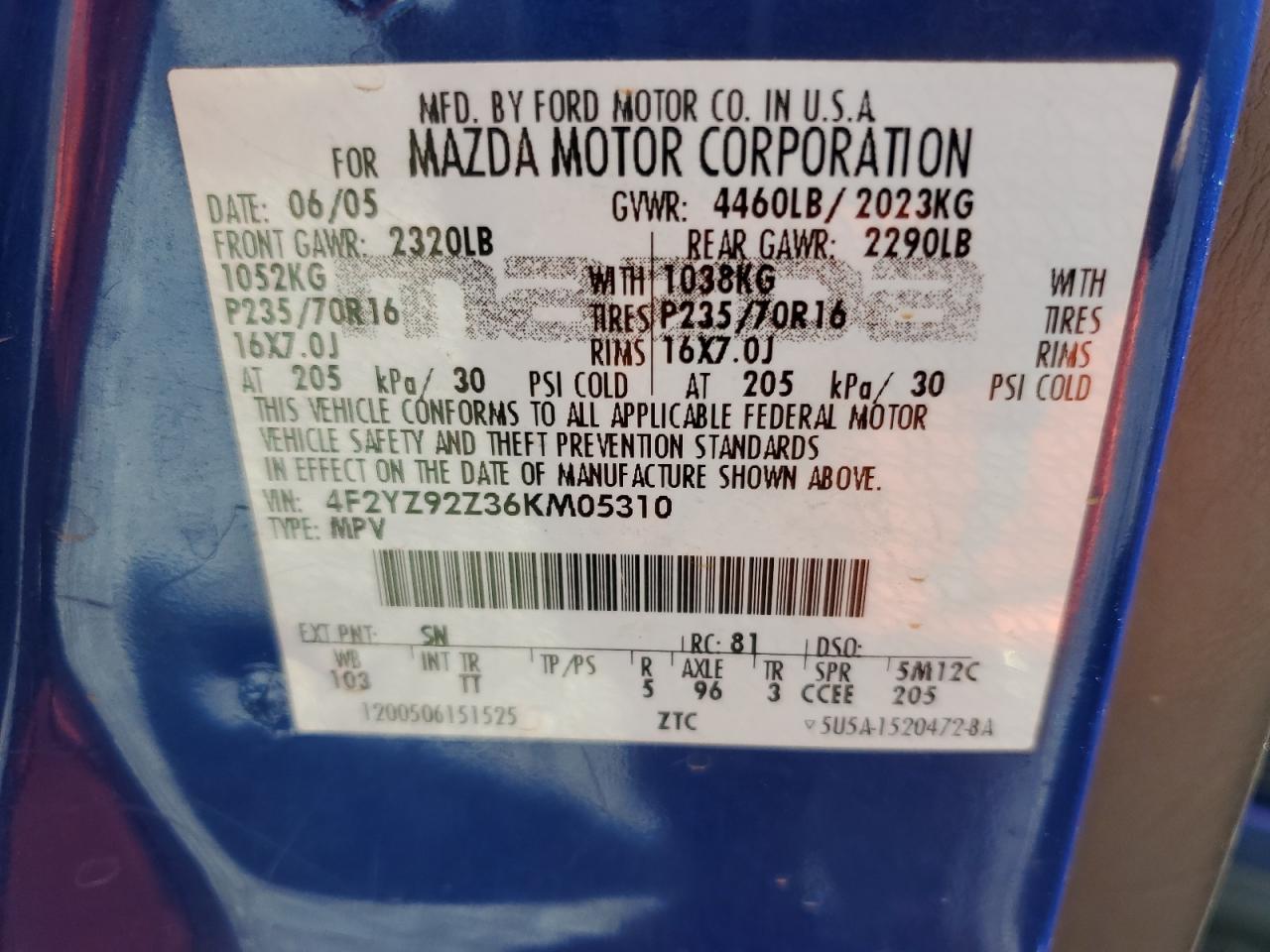 2006 Mazda Tribute I VIN: 4F2YZ92Z36KM05310 Lot: 90972905