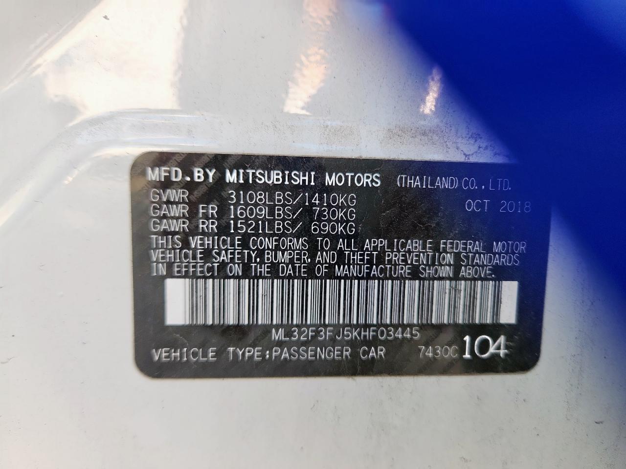 2019 Mitsubishi Mirage G4 Es VIN: ML32F3FJ5KHF03445 Lot: 93061835