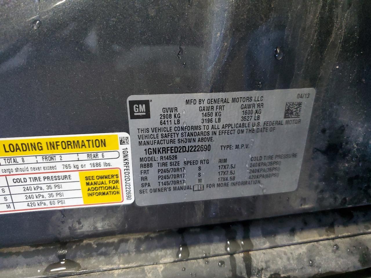 2013 Chevrolet Traverse Ls VIN: 1GNKRFED2DJ222690 Lot: 91938845