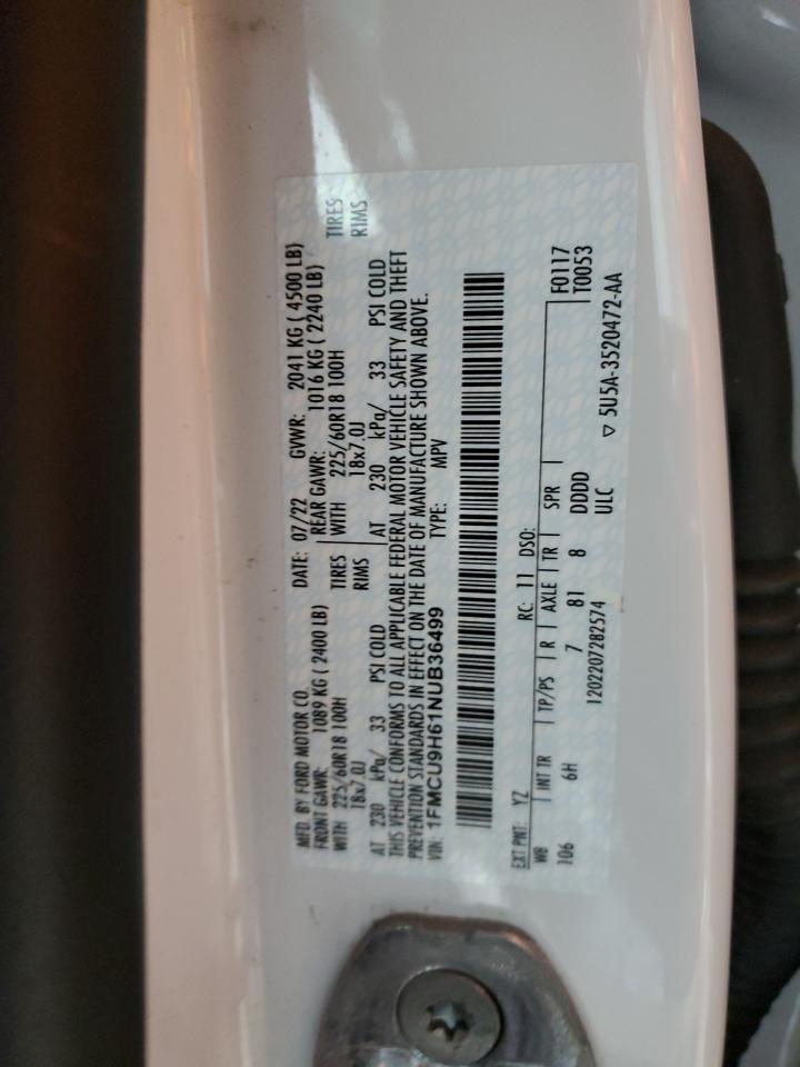 2022 Ford Escape Sel VIN: 1FMCU9H61NUB36499 Lot: 92690505