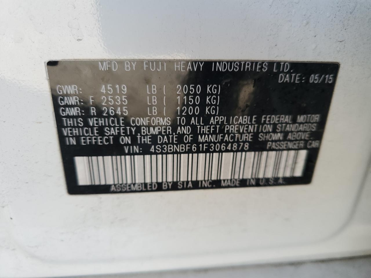 2015 Subaru Legacy 2.5I Premium VIN: 4S3BNBF61F3064878 Lot: 91861365