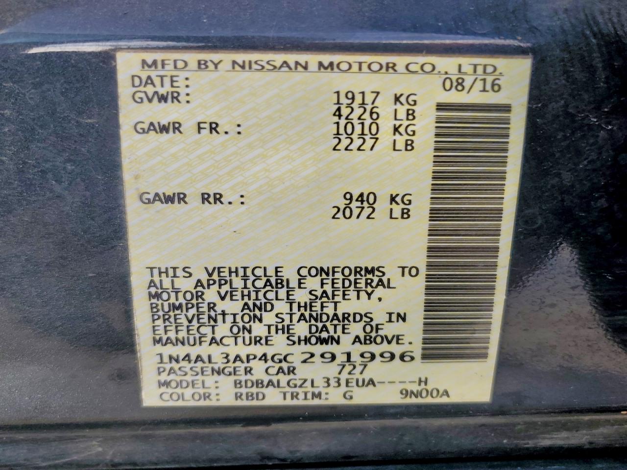 2016 Nissan Altima 2.5 VIN: 1N4AL3AP4GC291996 Lot: 94235305