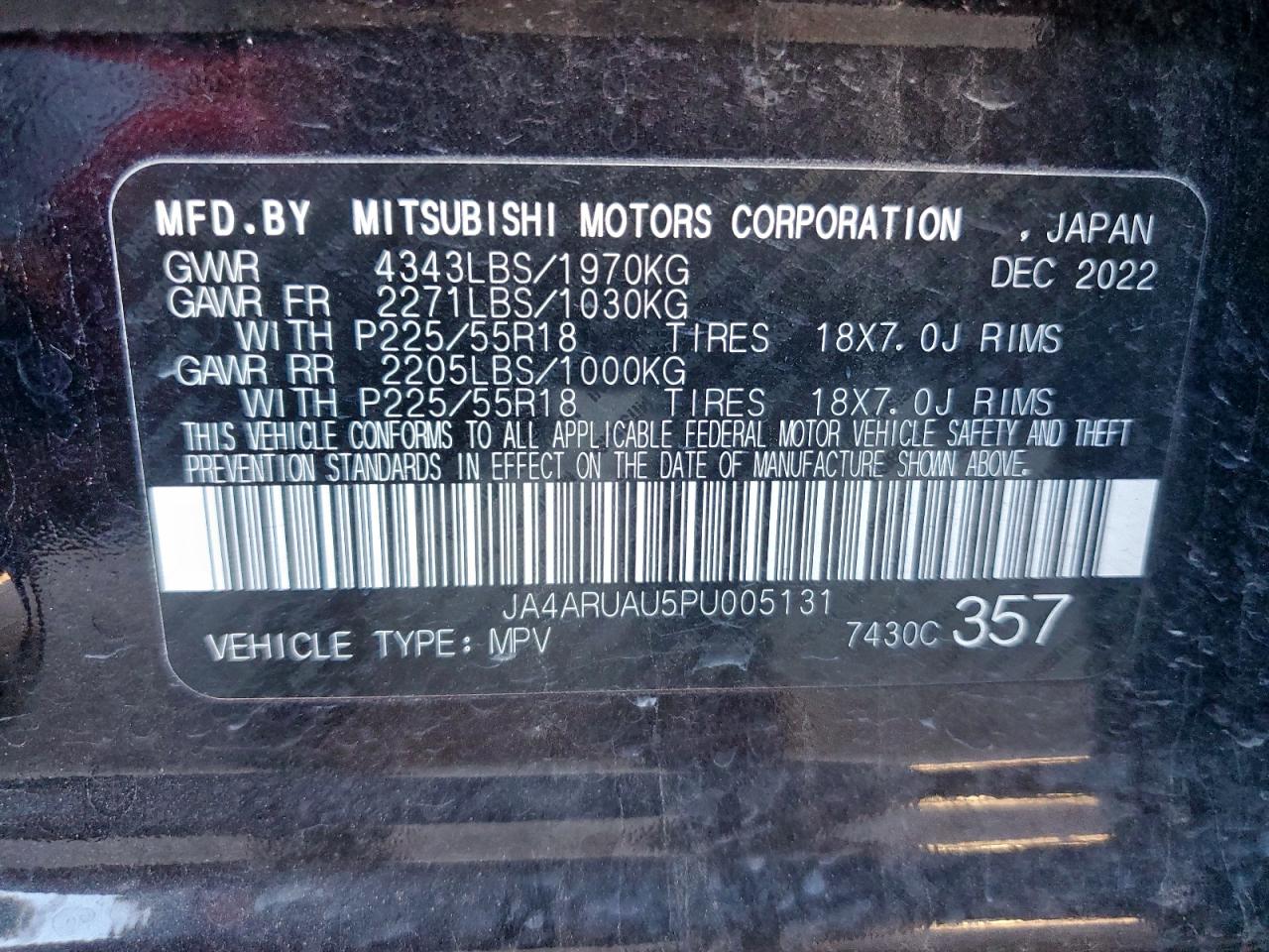 2023 Mitsubishi Outlander Sport S/Se VIN: JA4ARUAU5PU005131 Lot: 91138815