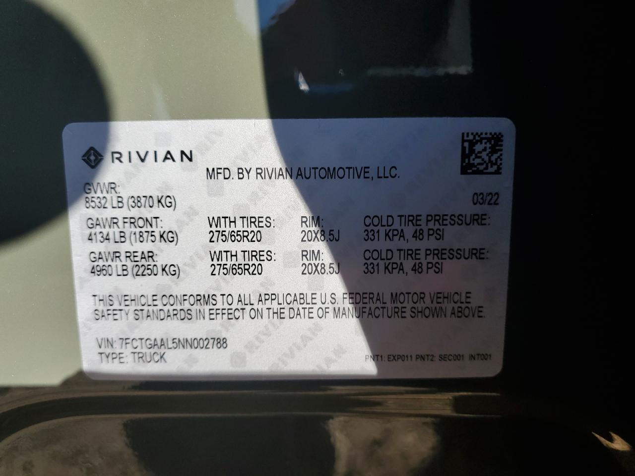 2022 Rivian R1T Launch Edition VIN: 7FCTGAAL5NN002788 Lot: 91287355