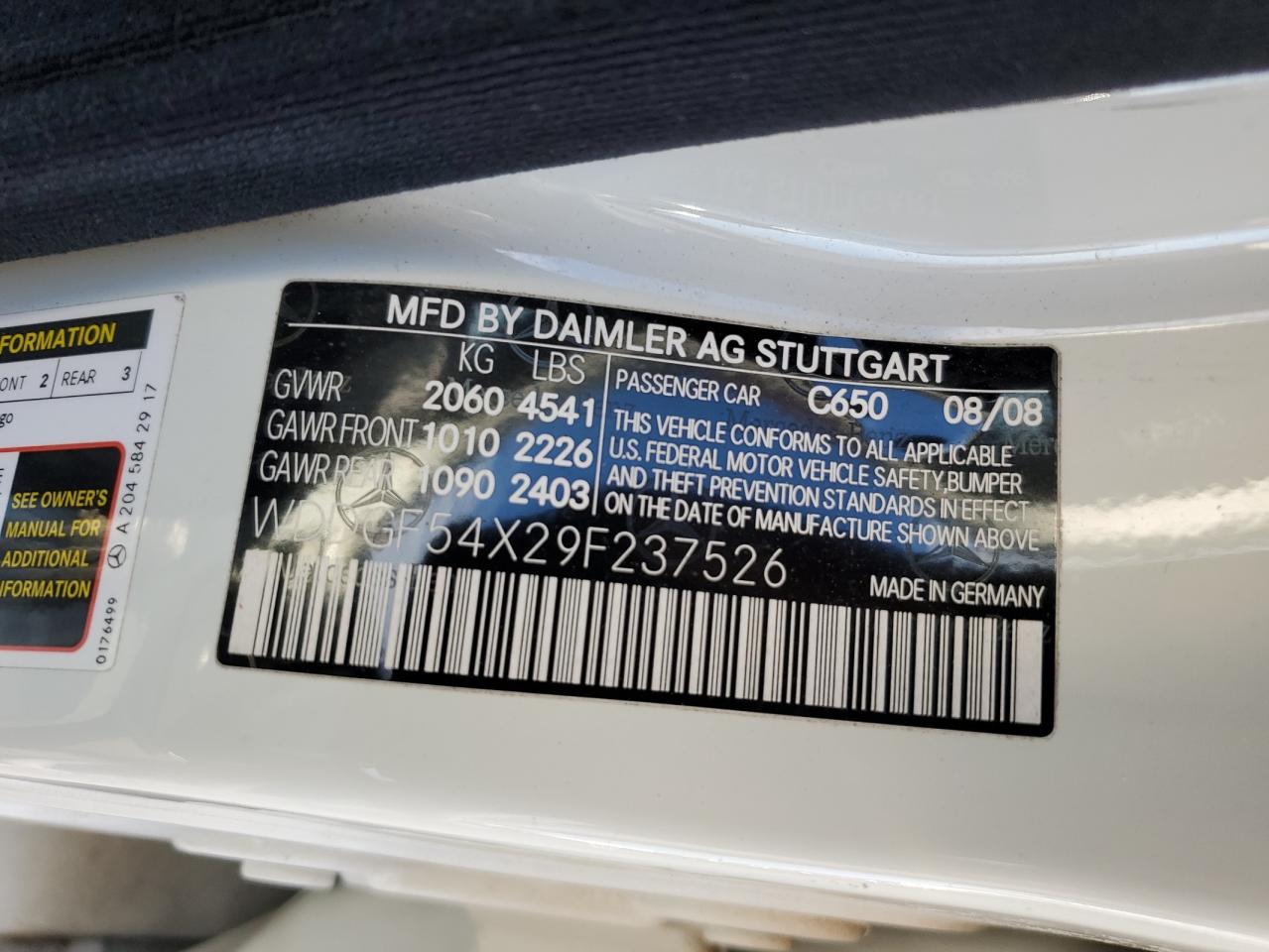 2009 Mercedes-Benz C 300 VIN: WDDGF54X29F237526 Lot: 93507175