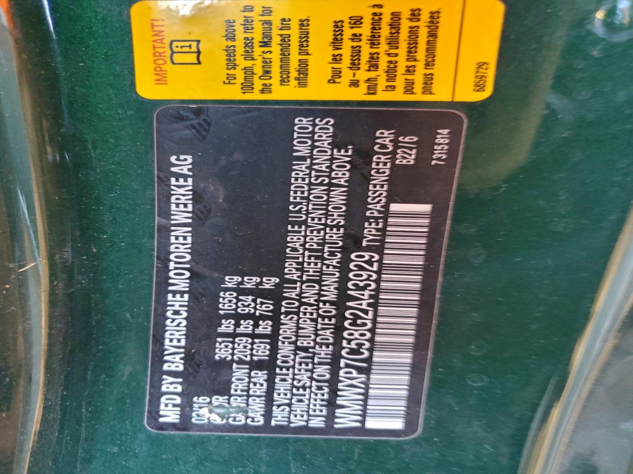 2016 Mini Cooper S VIN: WMWXP7C58G2A43929 Lot: 94250015