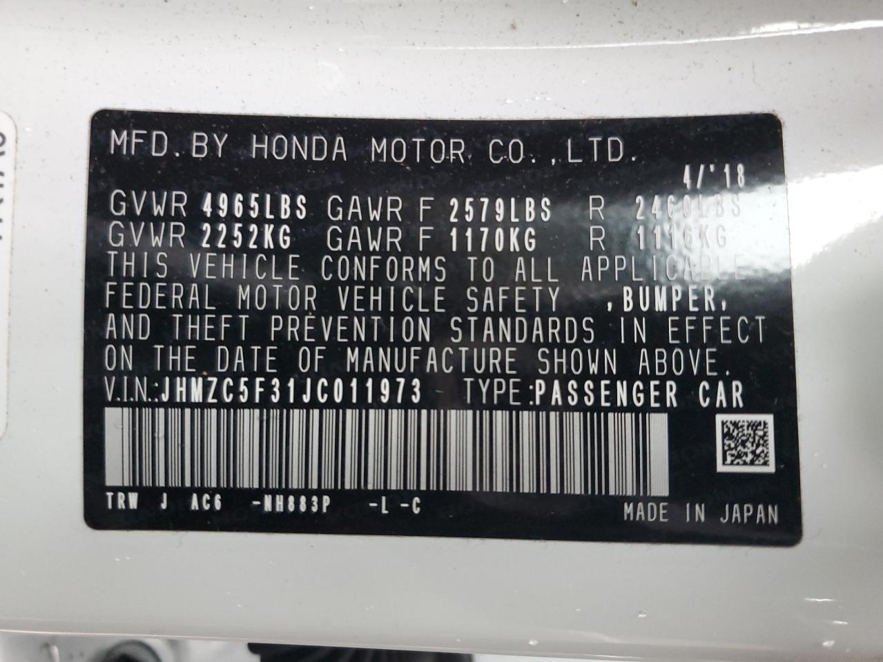 2018 Honda Clarity Touring VIN: JHMZC5F31JC011973 Lot: 93373065
