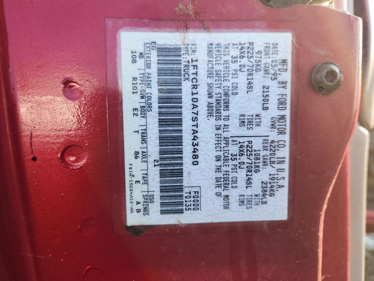 1995 Ford Ranger VIN: 1FTCR10A7STA43480 Lot: 92124445