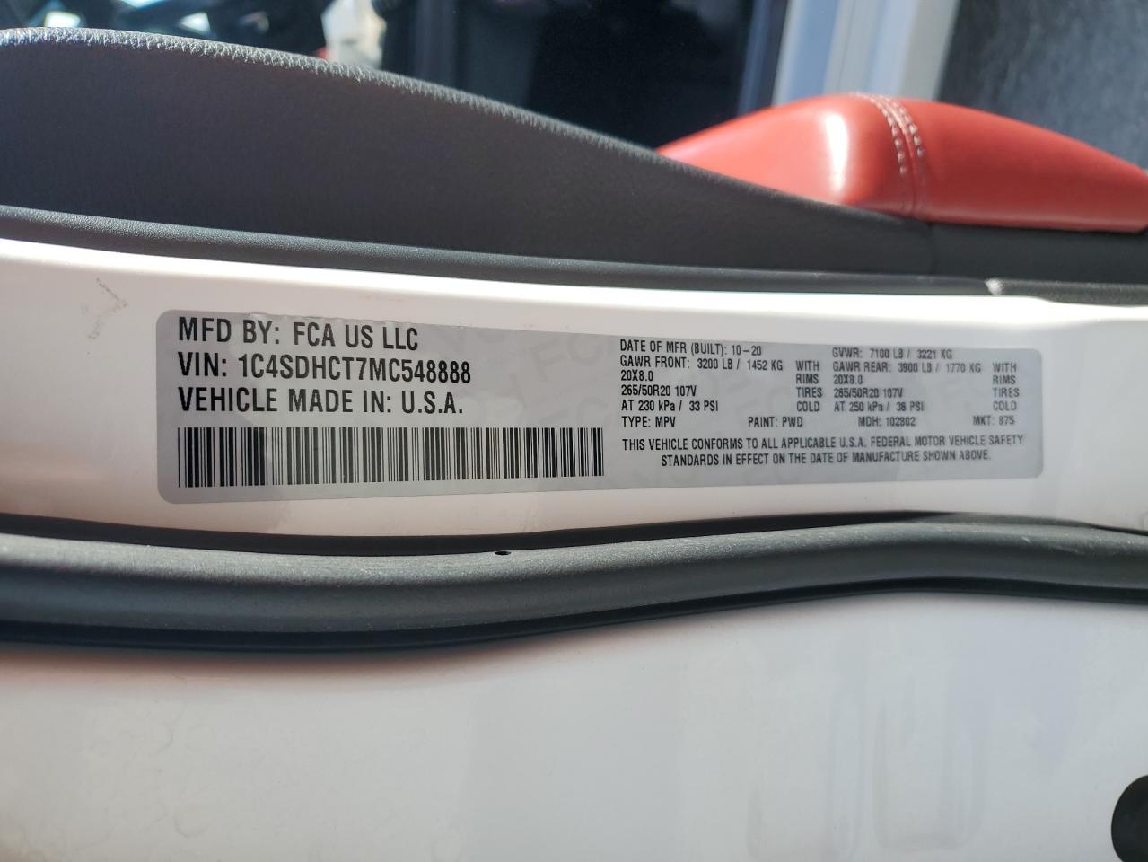 2021 Dodge Durango R/T VIN: 1C4SDHCT7MC548888 Lot: 91685175