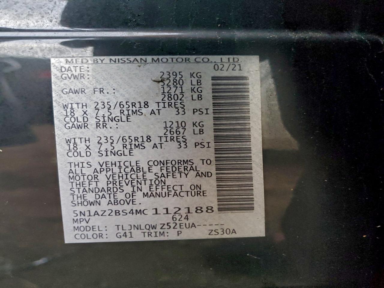 2021 Nissan Murano Sv VIN: 5N1AZ2BS4MC112188 Lot: 94177315