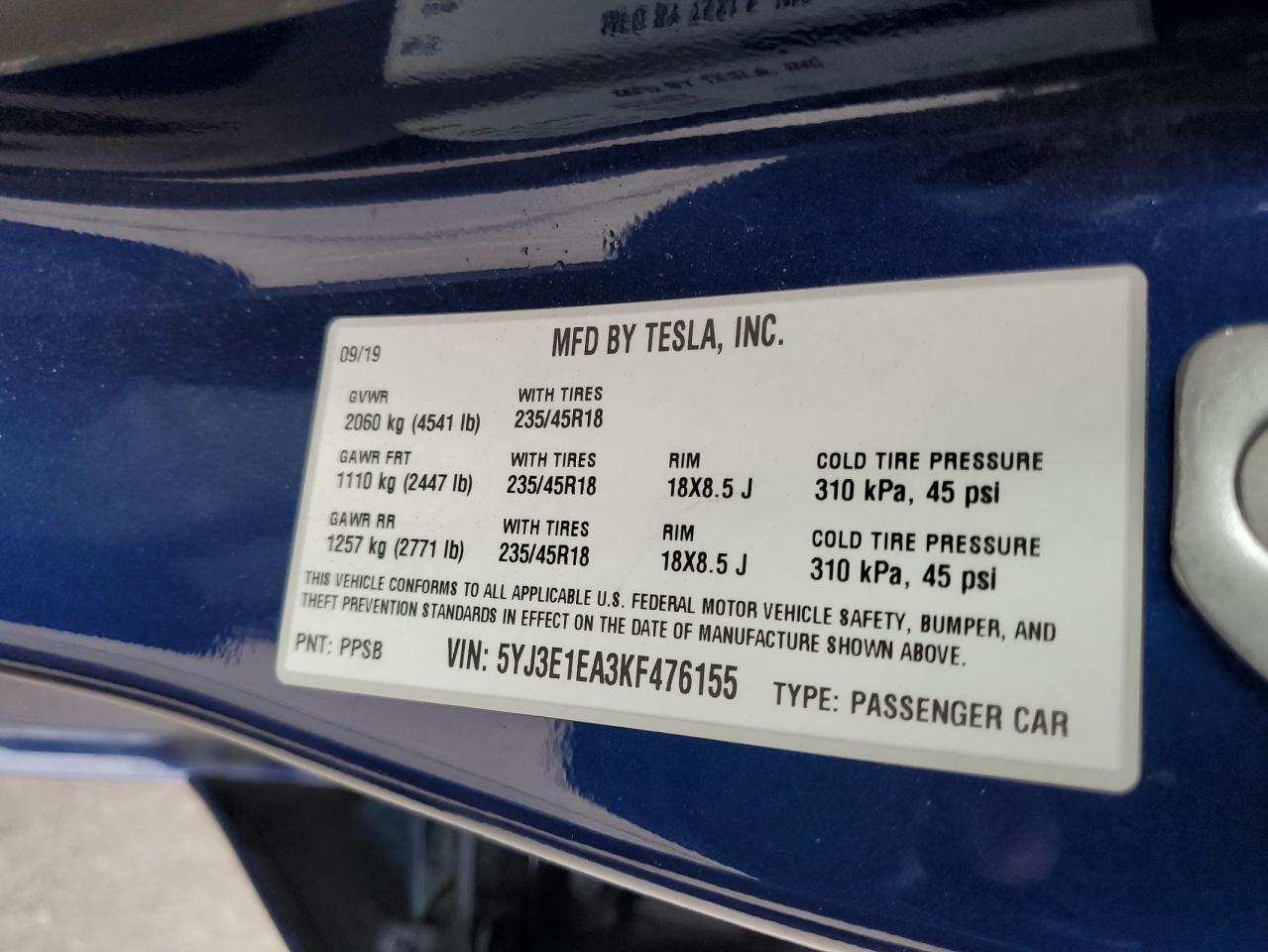 2019 Tesla Model 3 VIN: 5YJ3E1EA3KF476155 Lot: 91994085