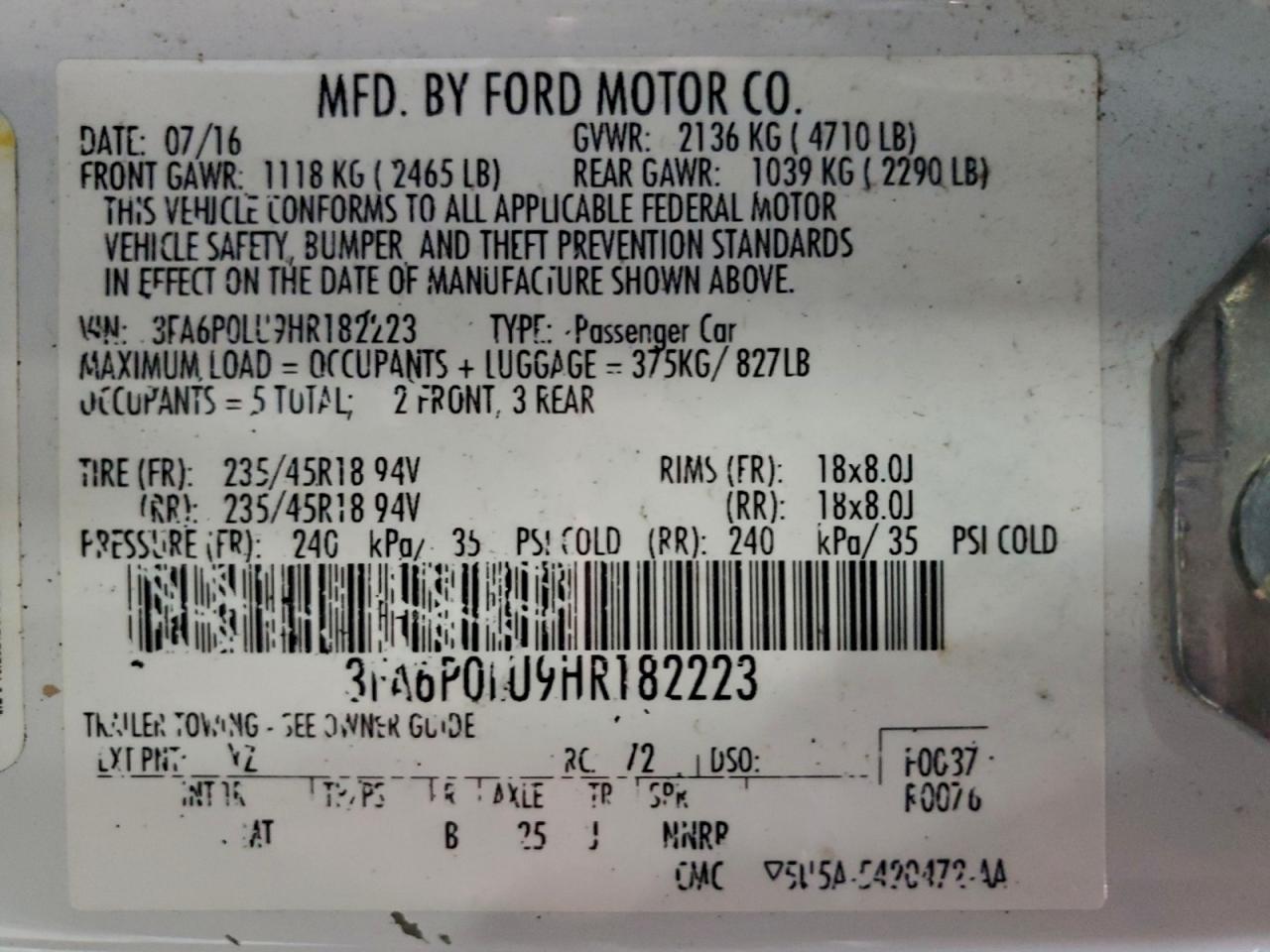 2017 Ford Fusion Se Hybrid VIN: 3FA6P0LU9HR182223 Lot: 94317905