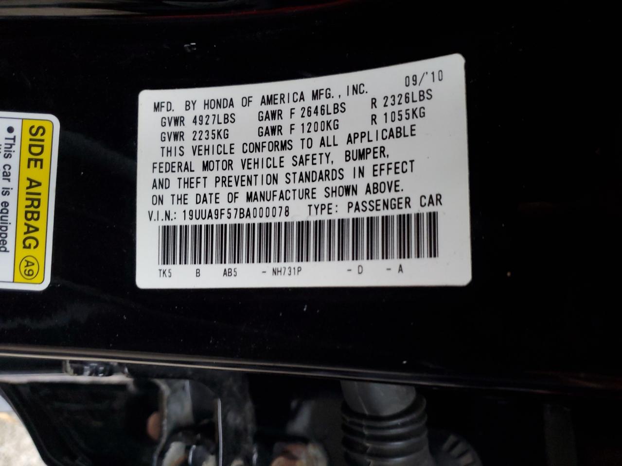 2011 Acura Tl VIN: 19UUA9F57BA000078 Lot: 92452905