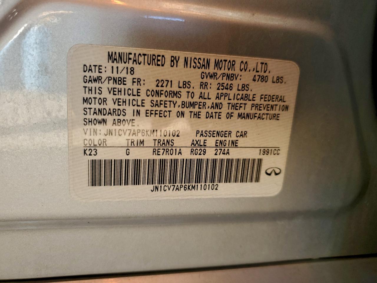 2019 Infiniti Q50 Pure VIN: JN1CV7AP6KM110102 Lot: 94249695