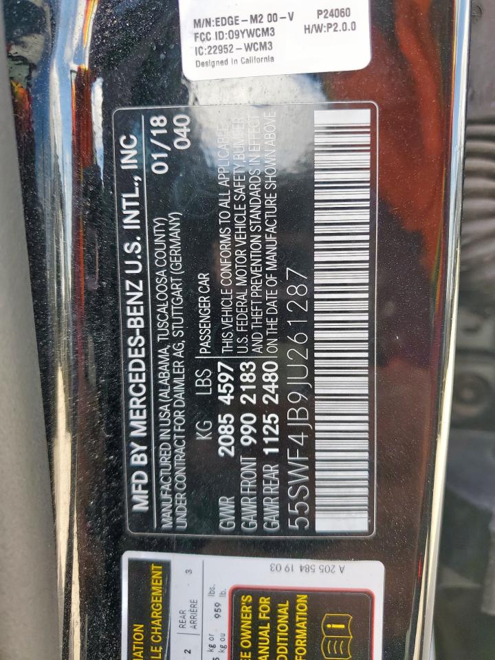 2018 Mercedes-Benz C 300 VIN: 55SWF4JB9JU261287 Lot: 91454075