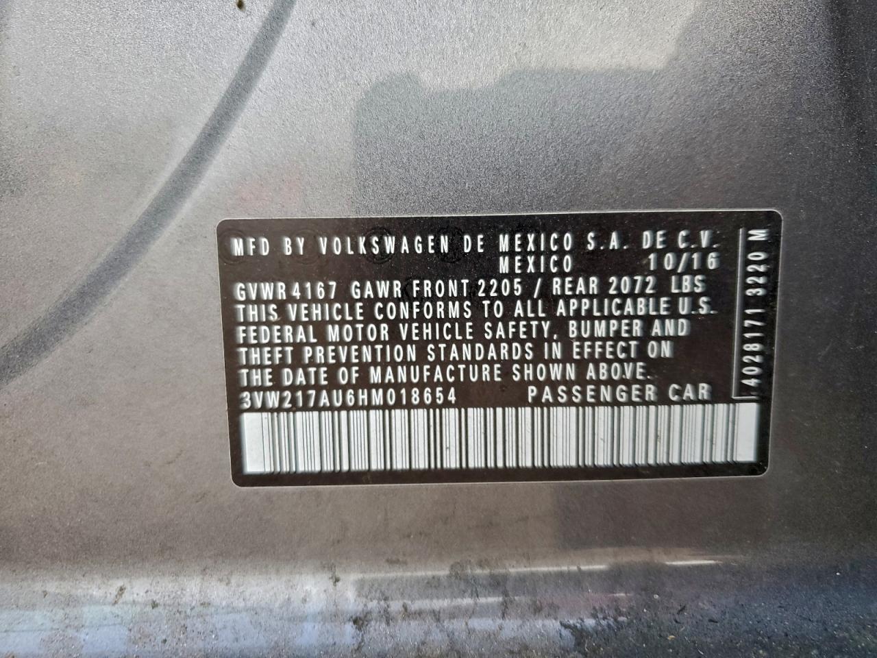 2017 Volkswagen Golf S VIN: 3VW217AU6HM018654 Lot: 94299825