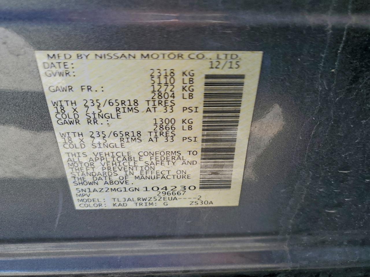 2016 Nissan Murano S VIN: 5N1AZ2MG1GN104230 Lot: 94333415