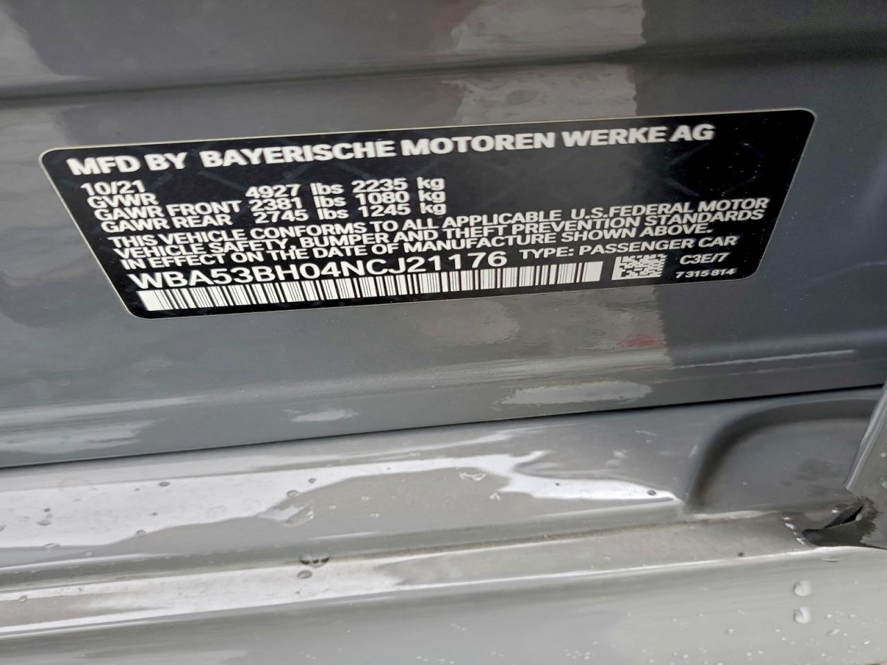 2022 BMW 530 I VIN: WBA53BH04NCJ21176 Lot: 92913585