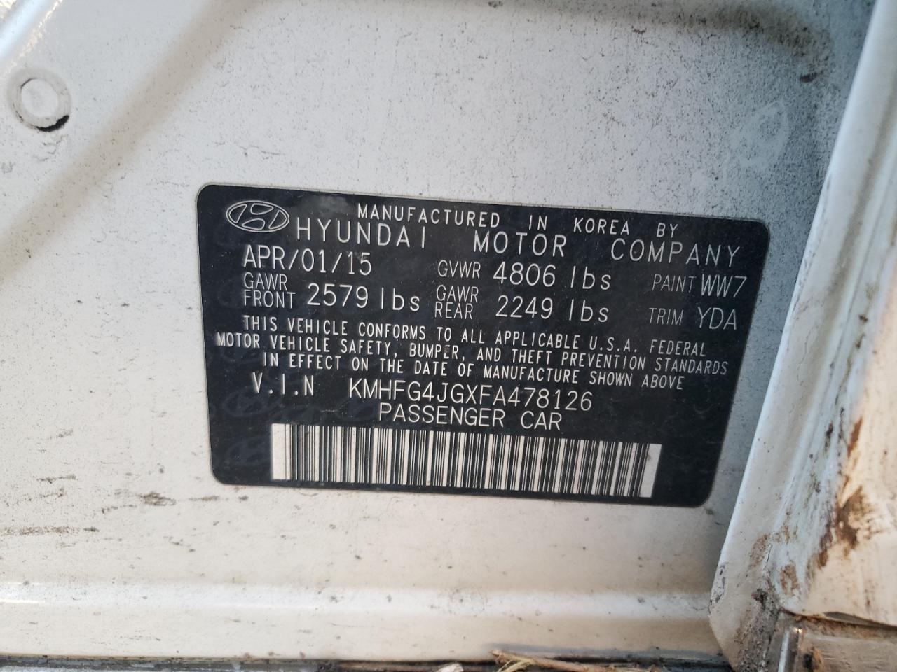 2015 Hyundai Azera VIN: KMHFG4JGXFA478126 Lot: 93015515