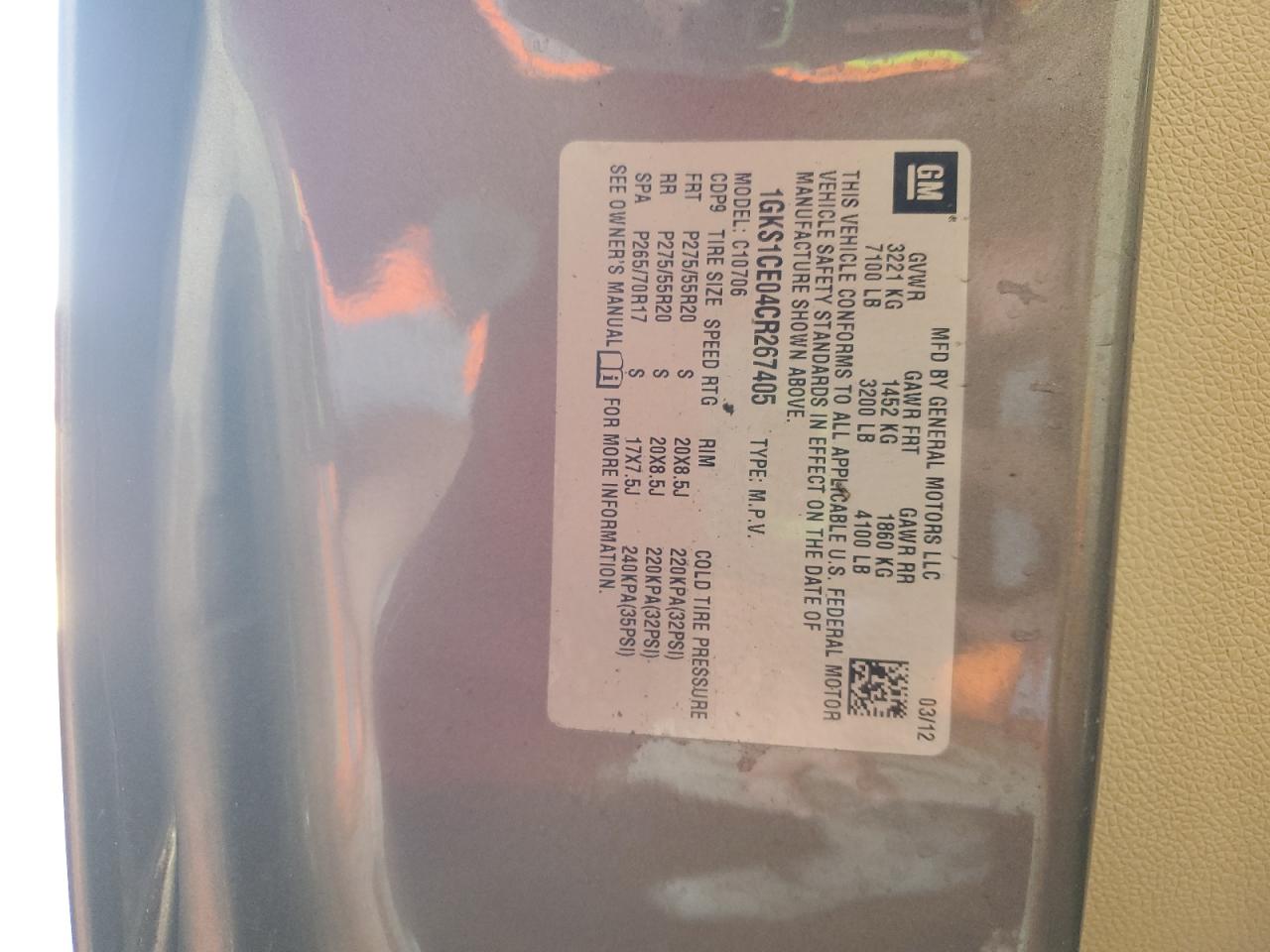 2012 GMC Yukon Slt VIN: 1GKS1CE04CR267405 Lot: 91408785