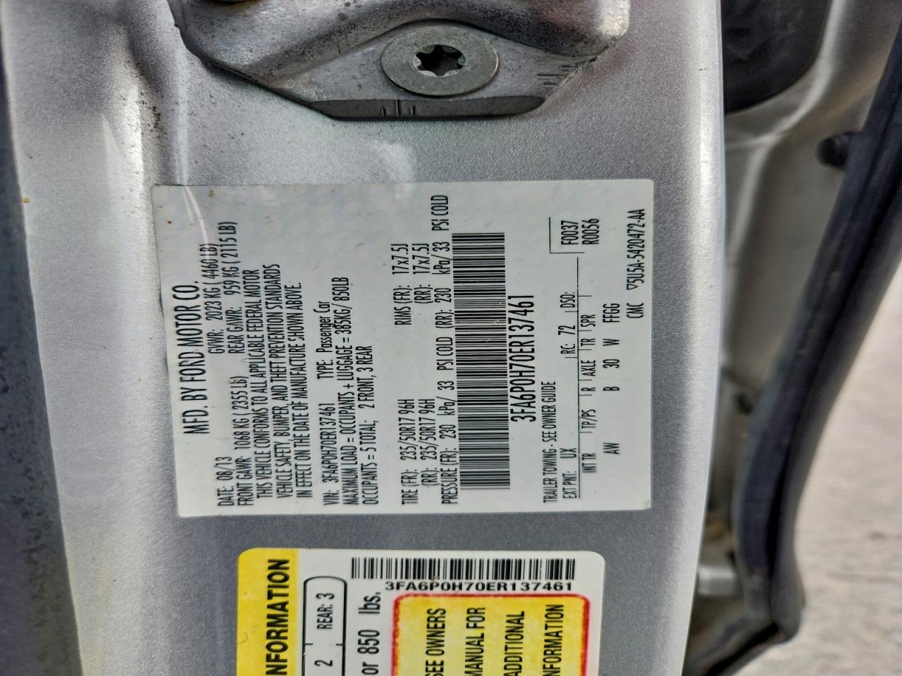 2014 Ford Fusion Se VIN: 3FA6P0H70ER137461 Lot: 93982105