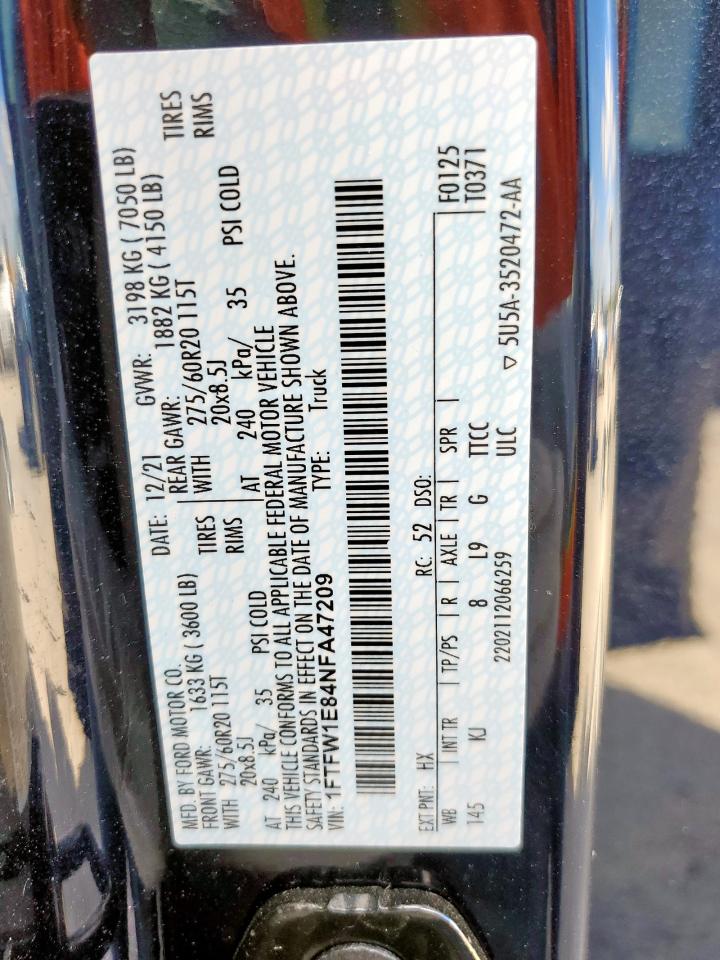 2022 Ford F150 Supercrew VIN: 1FTFW1E84NFA47209 Lot: 92722715