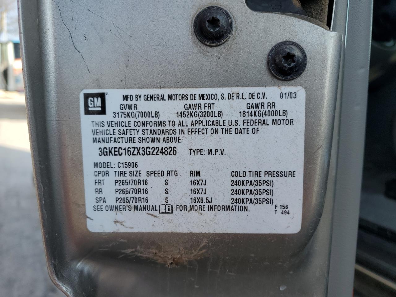 2003 GMC Yukon Xl C1500 VIN: 3GKEC16ZX3G224826 Lot: 92711205